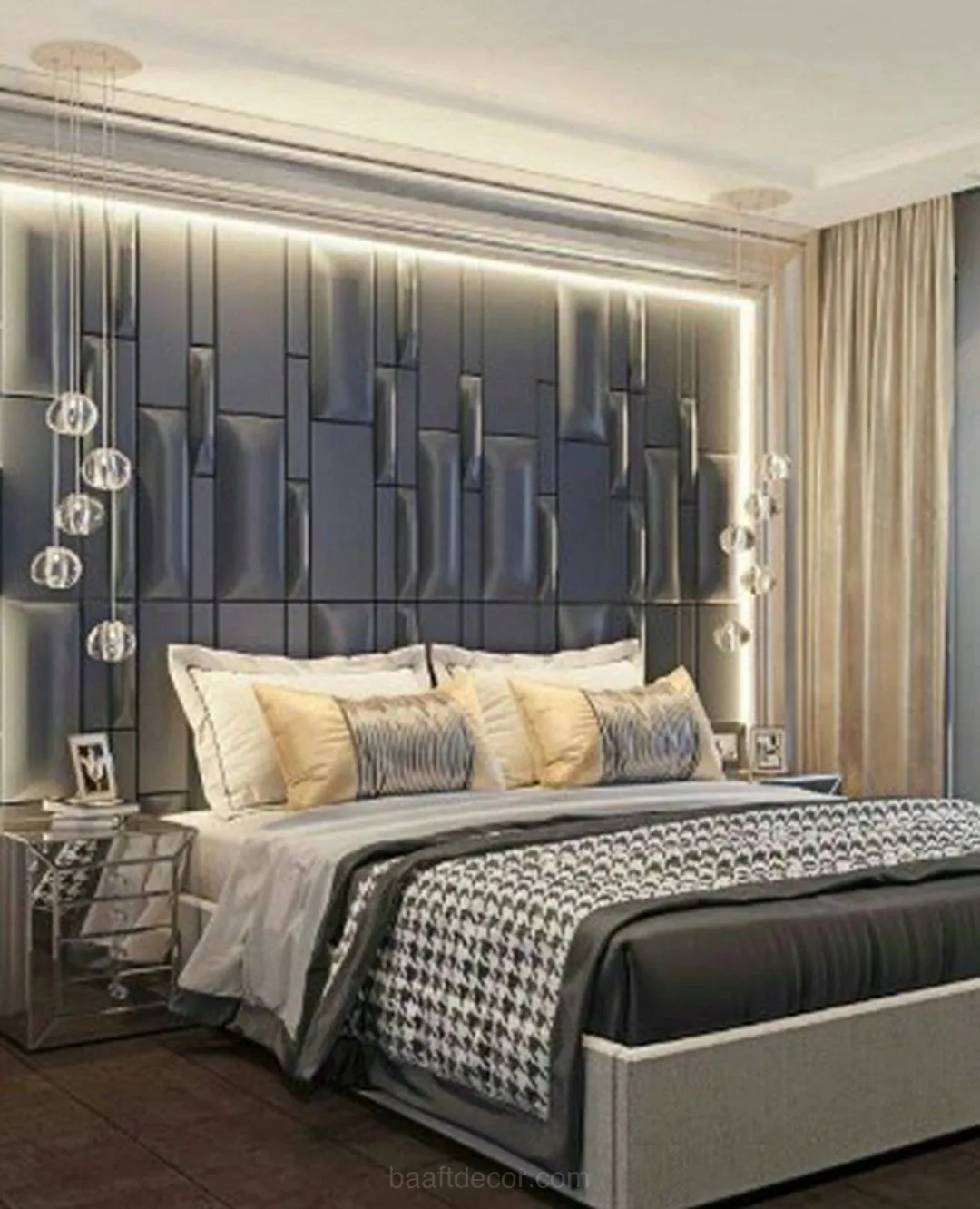 a bedroom with a bed and a large mirror