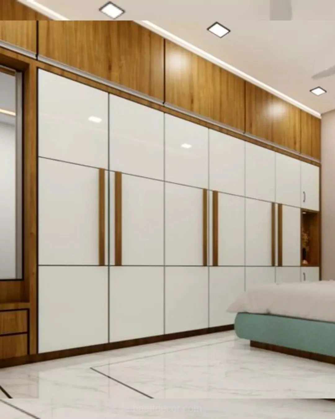 a bedroom with a bed and a mirror