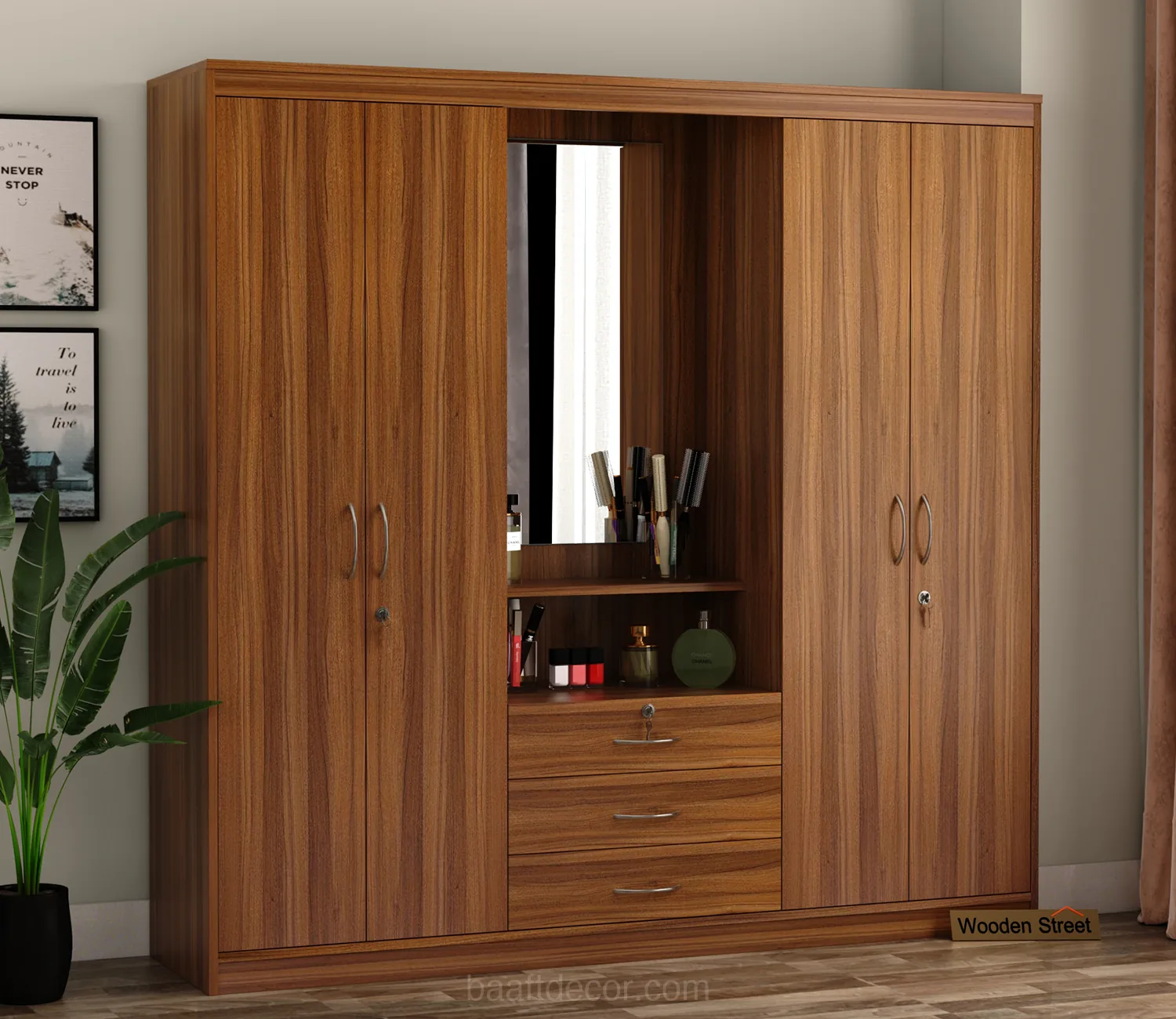 a bedroom with a wooden cabinet and a mirror