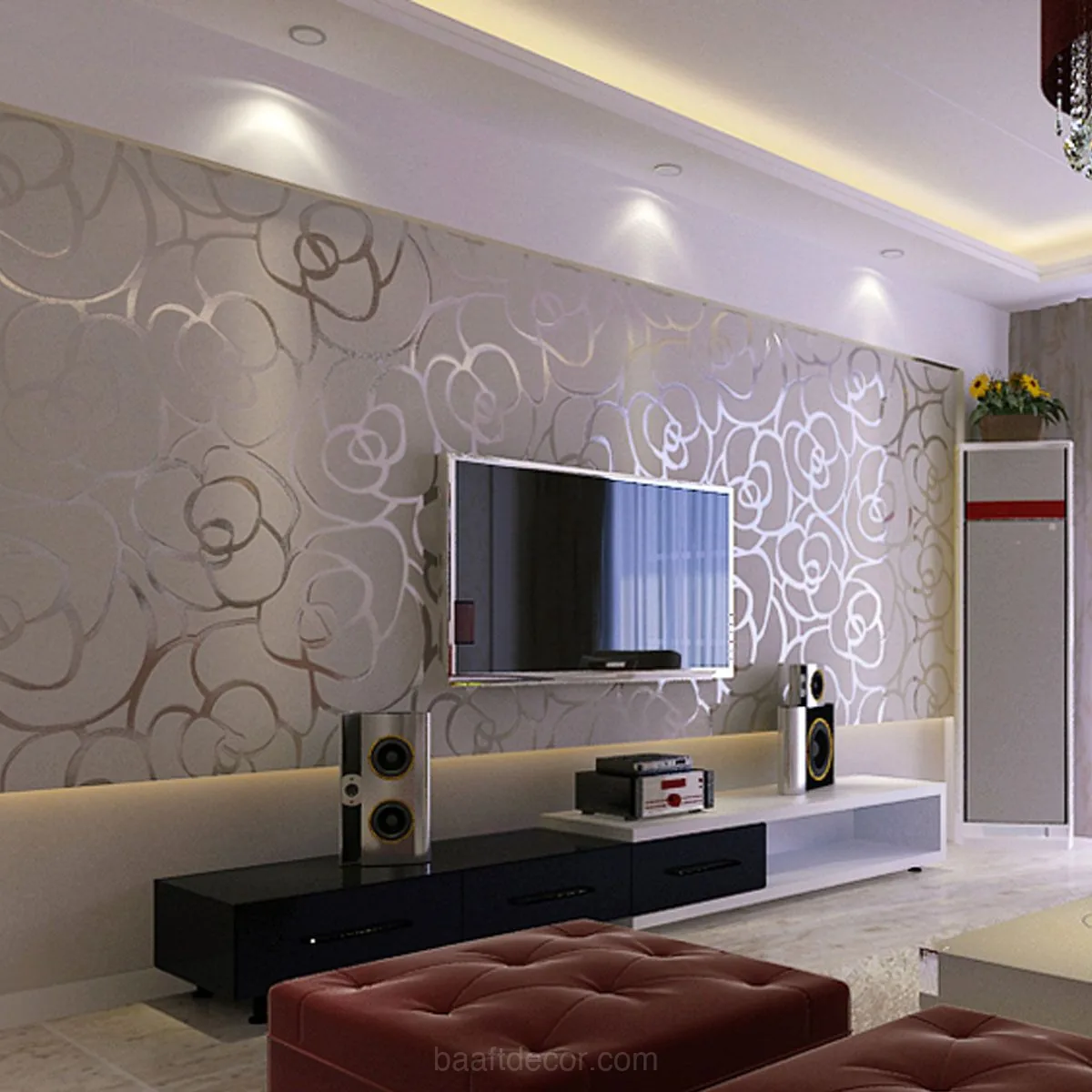Living room with a peripheral false ceiling, warm cove lighting and recessed downlights above a patterned TV wall