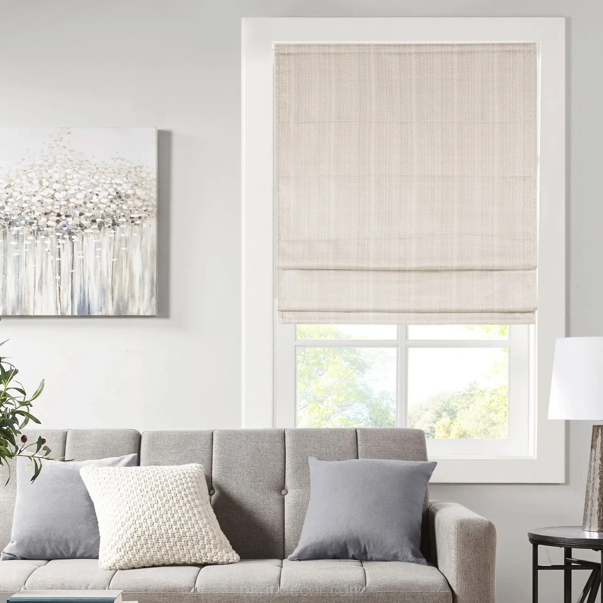 a living room with a couch, a window and a window with a white roller shade