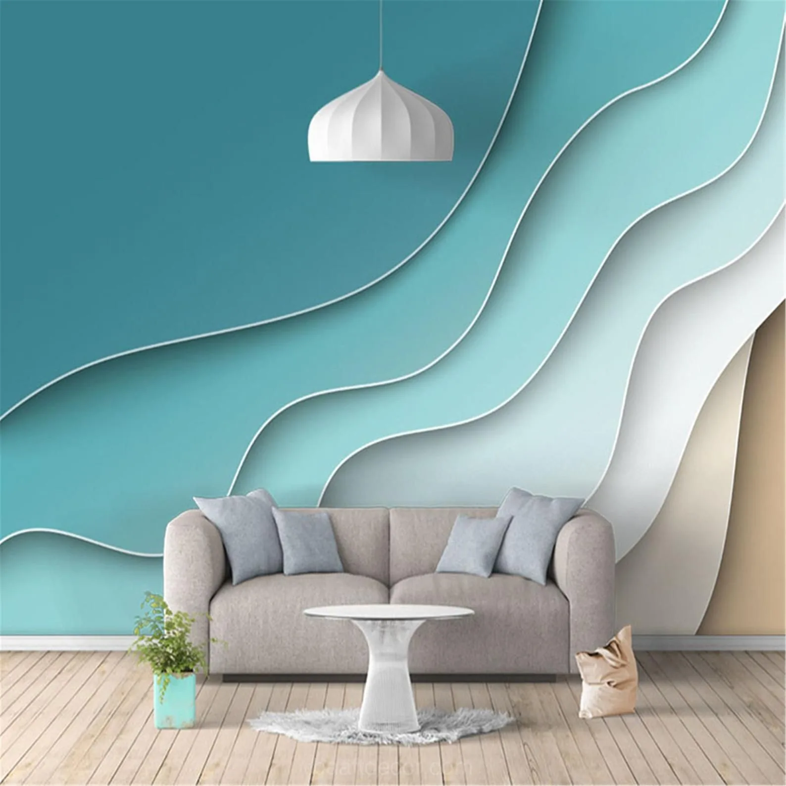 a living room with a couch and a lamp