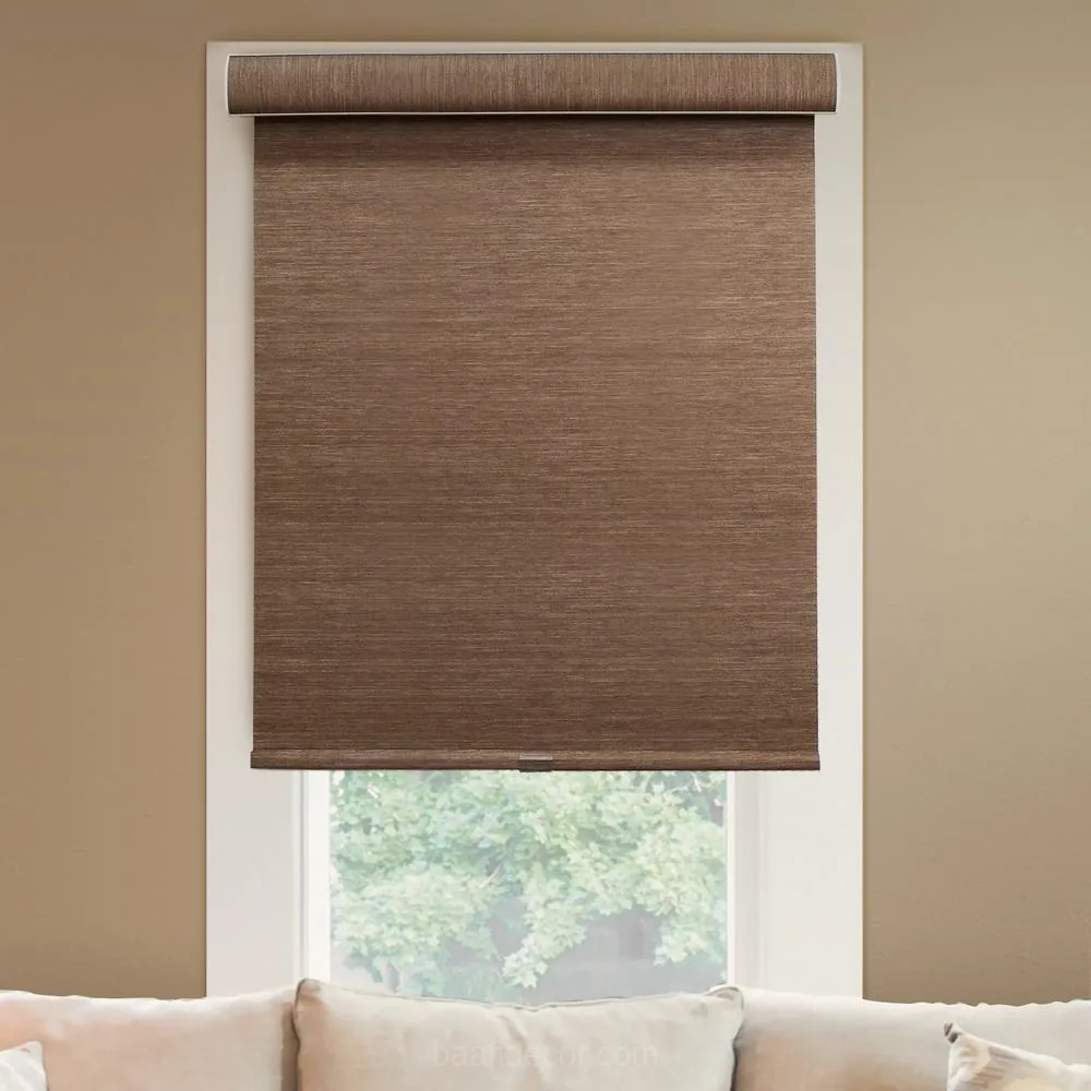 a living room with a couch and a window with a roller shade