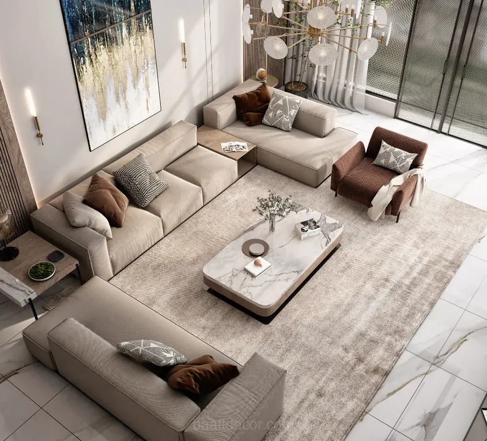 a living room with a large couch and a coffee table