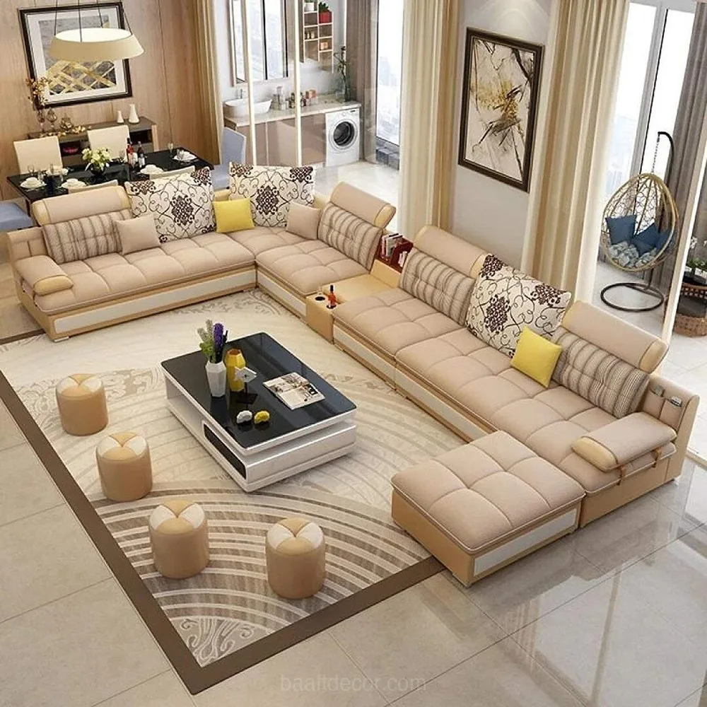 a living room with a large sectional couch