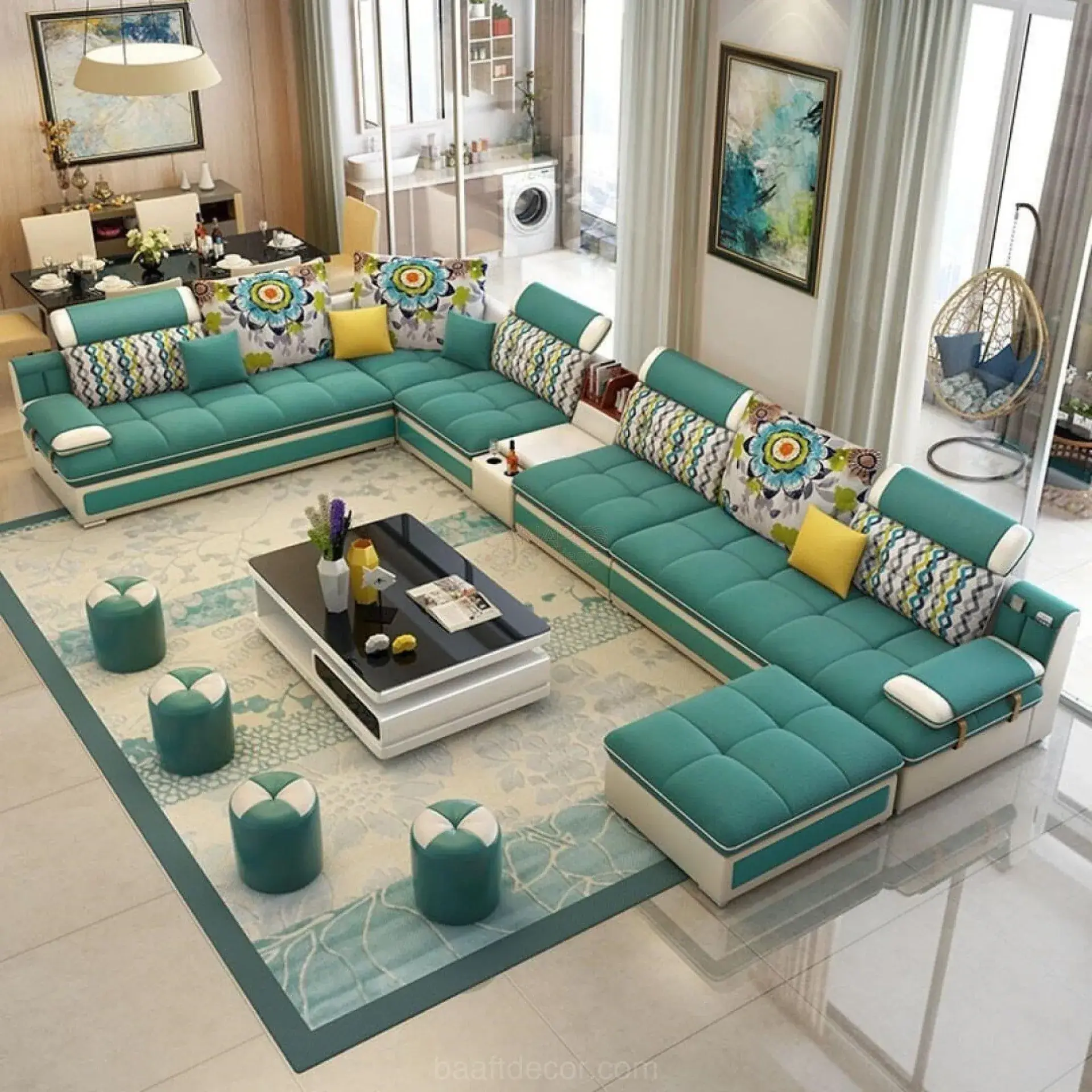 a living room with a large sectional couch and a coffee table