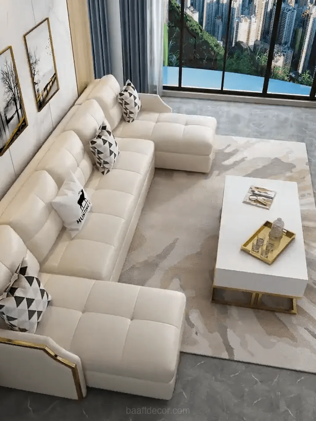a living room with a large white couch