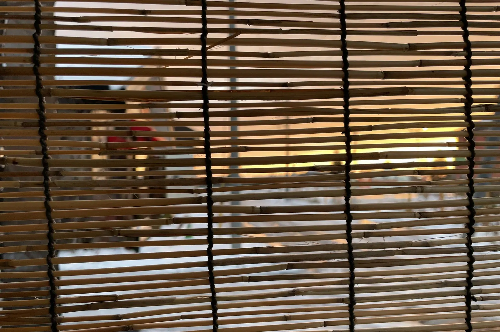 Close-up of a bamboo chik blind with light and the view showing between its slats
