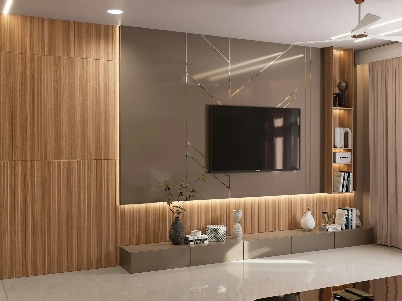 TV on a grey panel with brass inlay lines, framed by wood-finish fluted panels, with a warm LED strip glowing behind a low console on a marble floor
