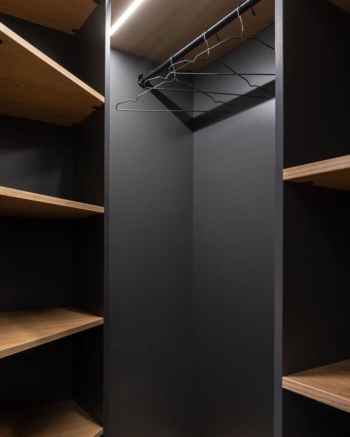 Tall wardrobe bay with a hanging rail fixed high near the top, between oak shelves on a dark grey carcass
